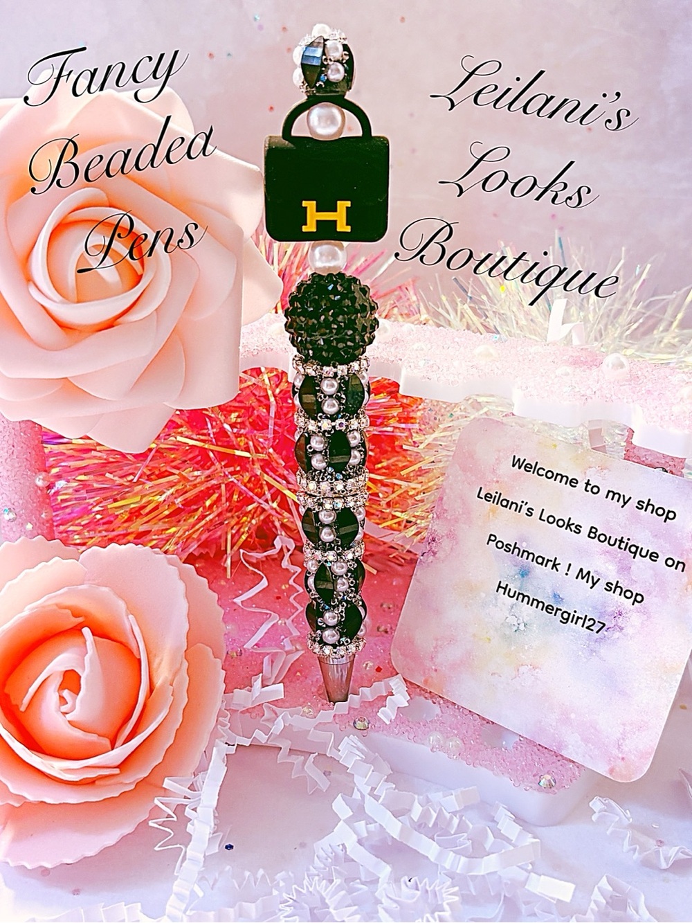 Fancy beaded pen/gifts/black beads/black purse/girly